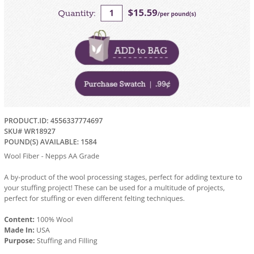 Wool Slubs/Stuffing Nepps Grade AA - Picture 2 of 3